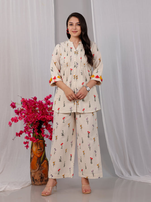 Linen Cotton Floral Straight Off White Kurta
