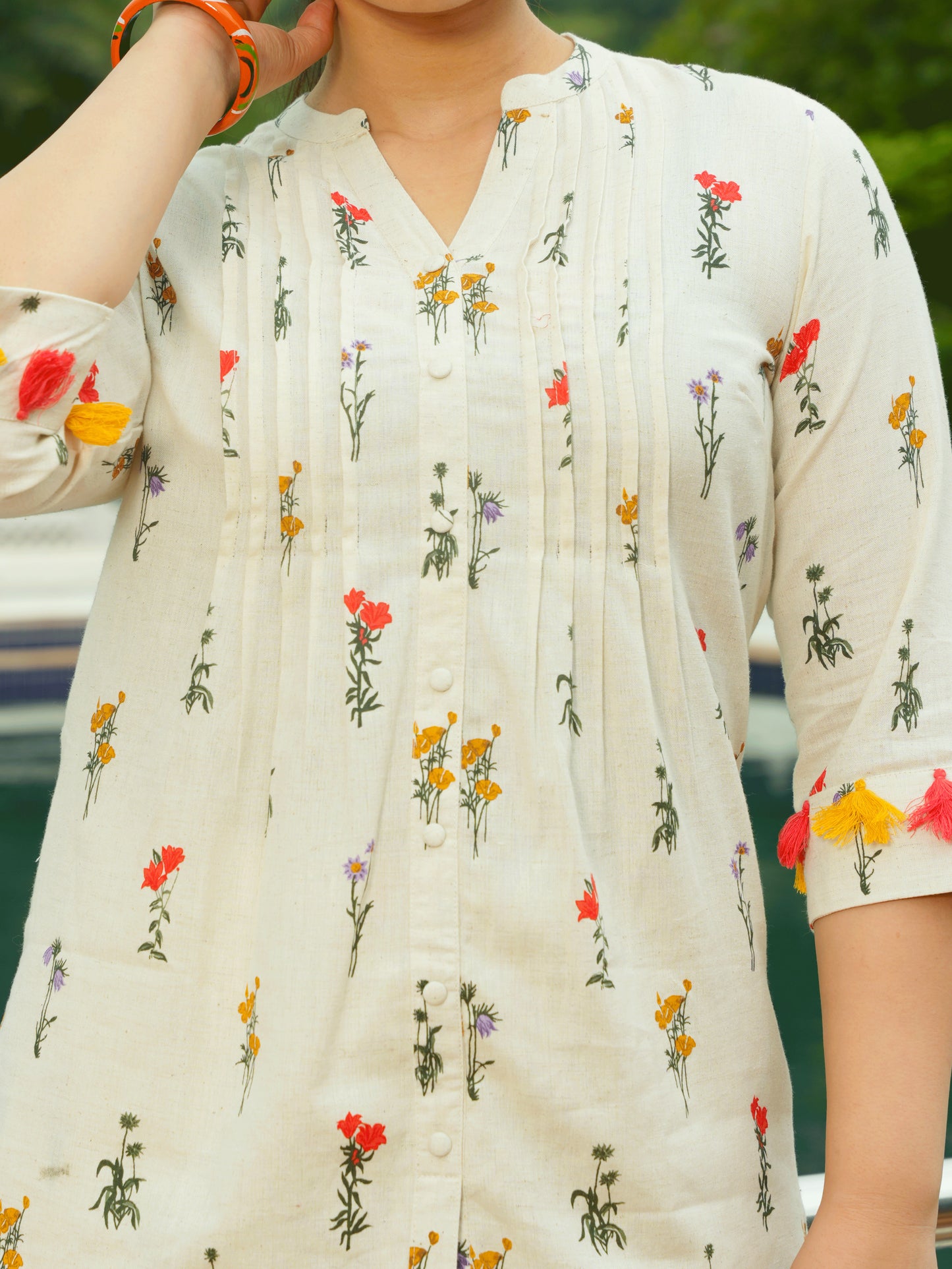 Linen Cotton Floral Straight Off White Kurta