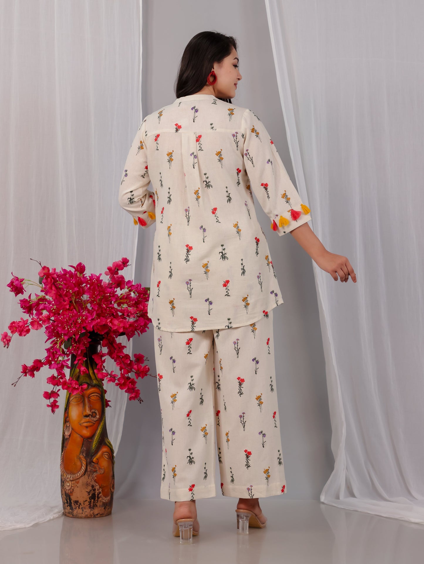 Linen Cotton Floral Straight Off White Kurta