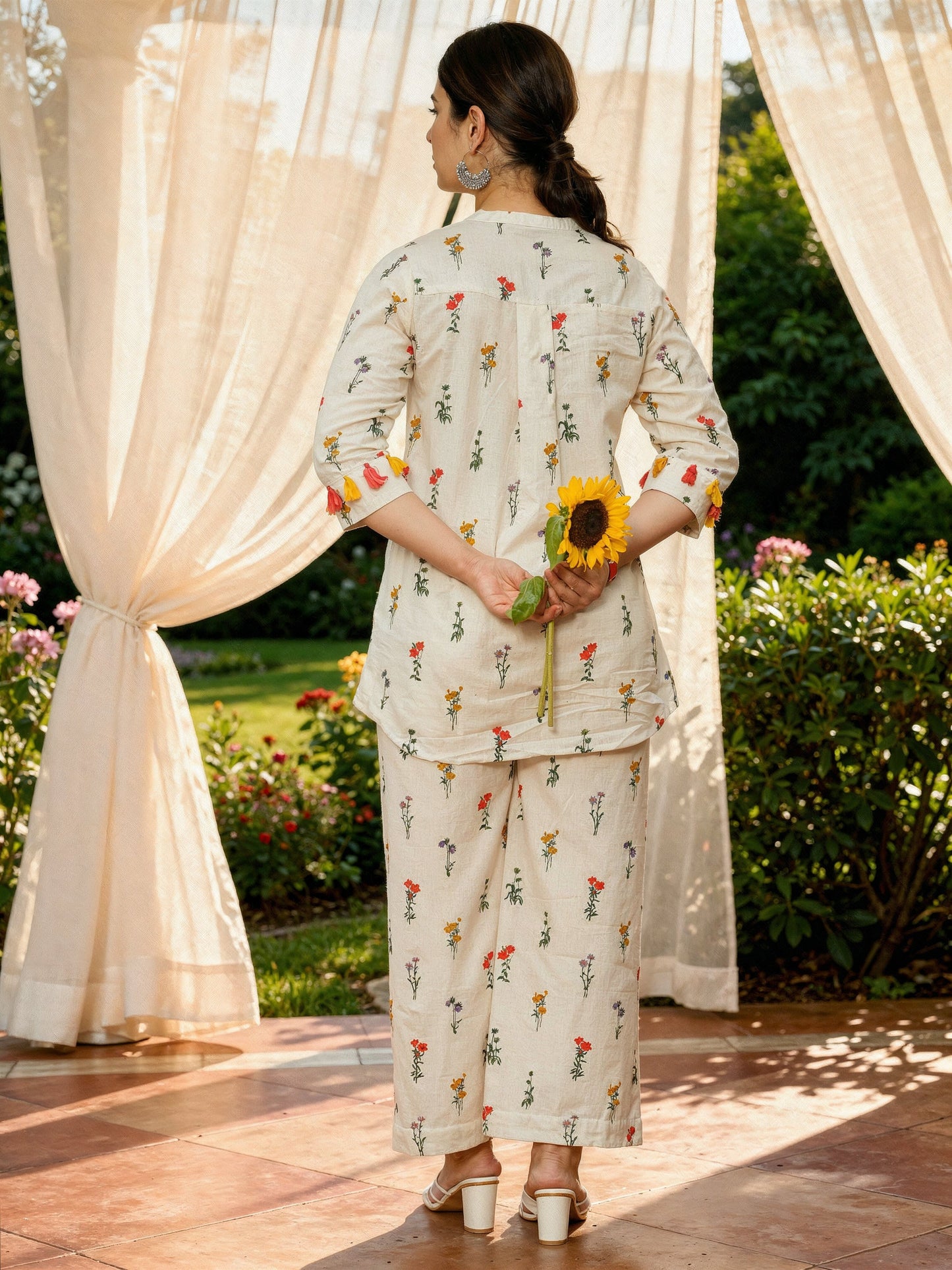 Linen Cotton Floral Straight Off White Kurta