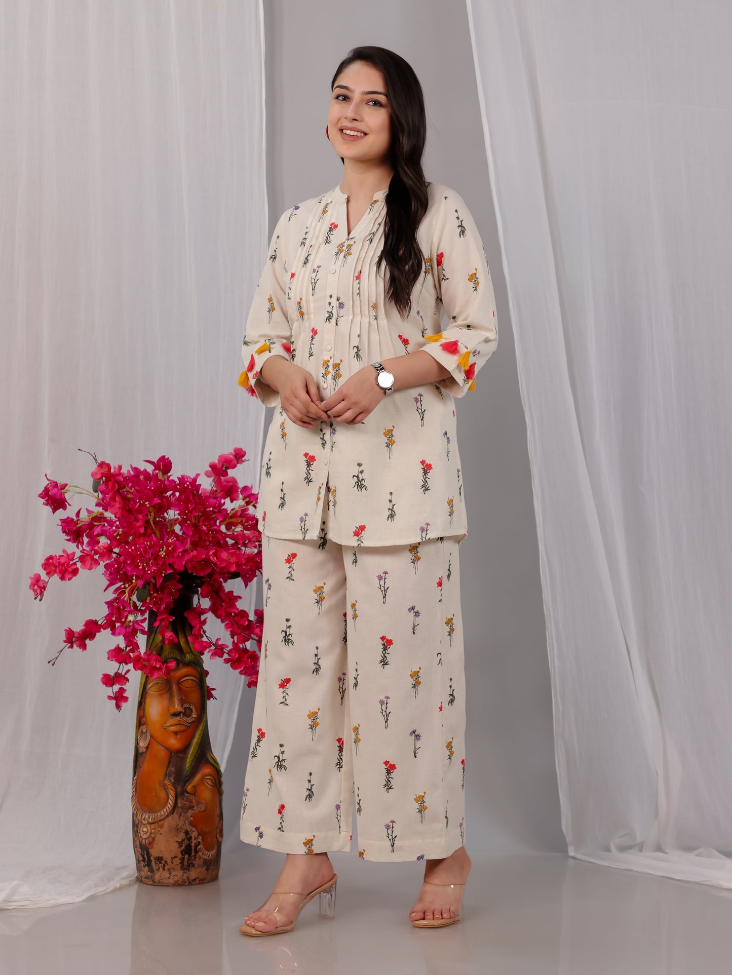 Linen Cotton Floral Straight Off White Kurta