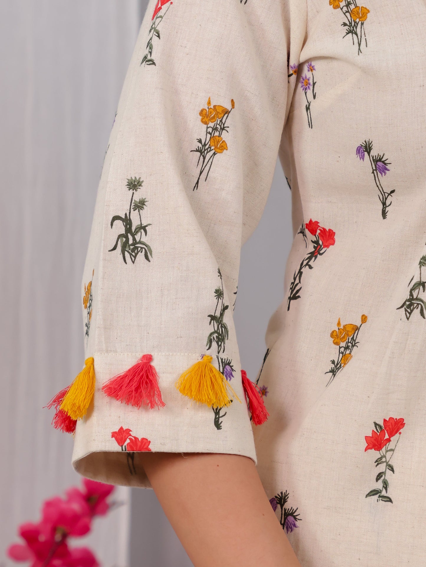 Linen Cotton Floral Straight Off White Kurta