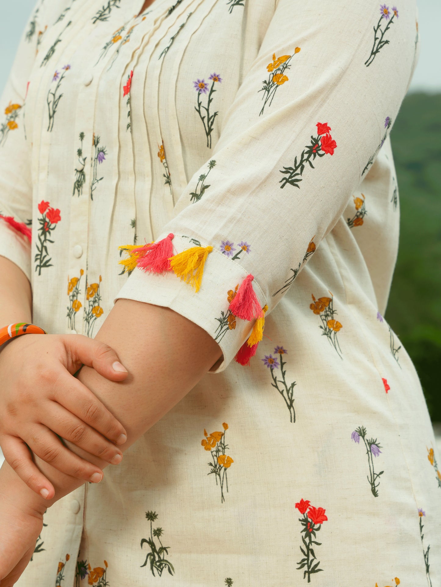 Linen Cotton Floral Straight Off White Kurta