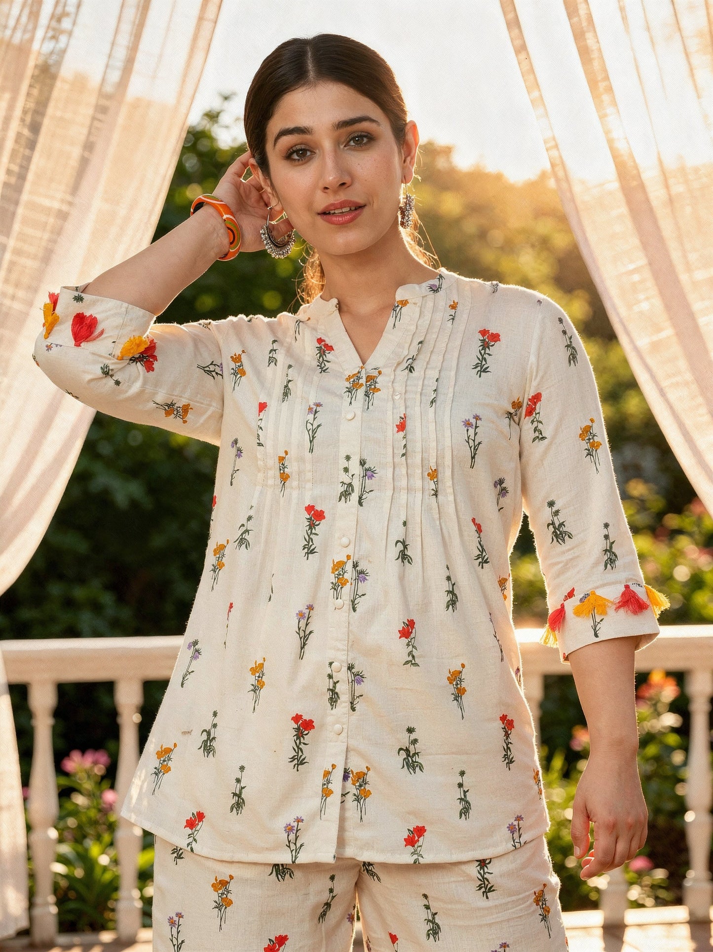 Linen Cotton Floral Straight Off White Kurta