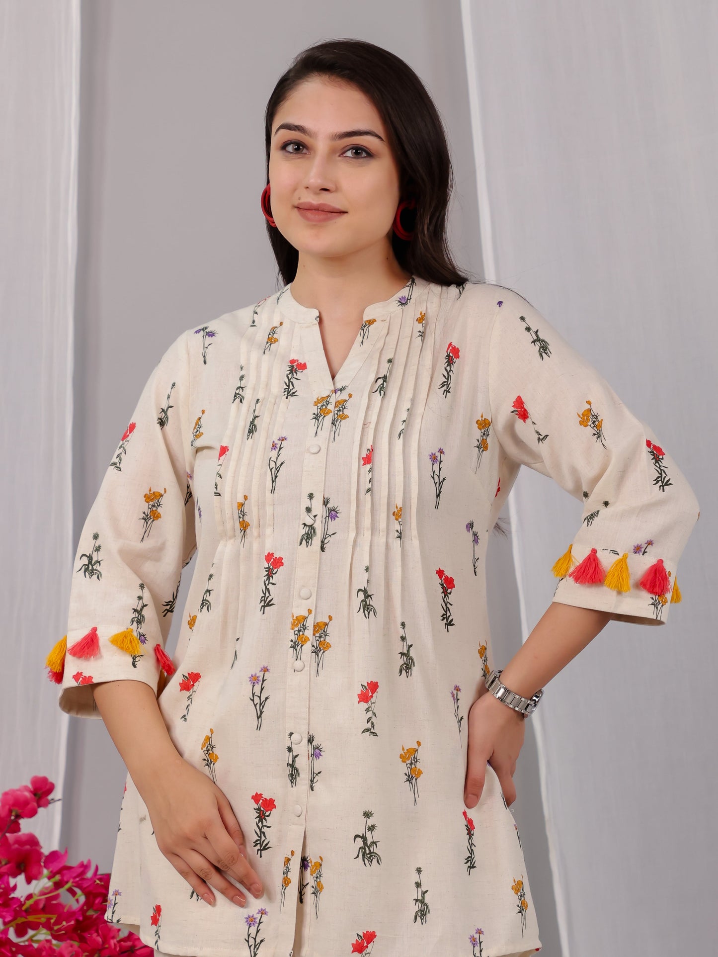Linen Cotton Floral Straight Off White Kurta