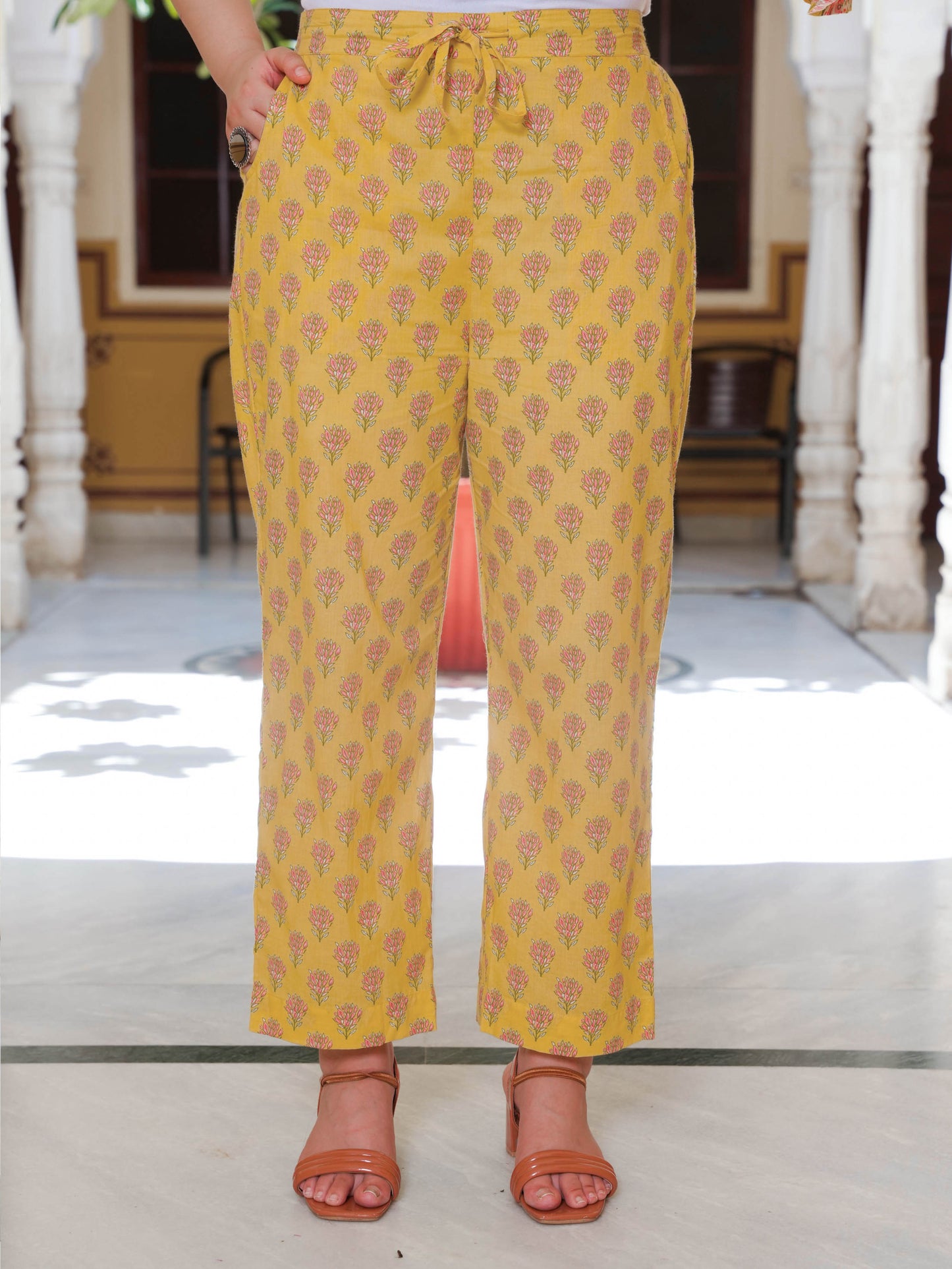 Soft Cotton Floral Yellow Straight Trousers
