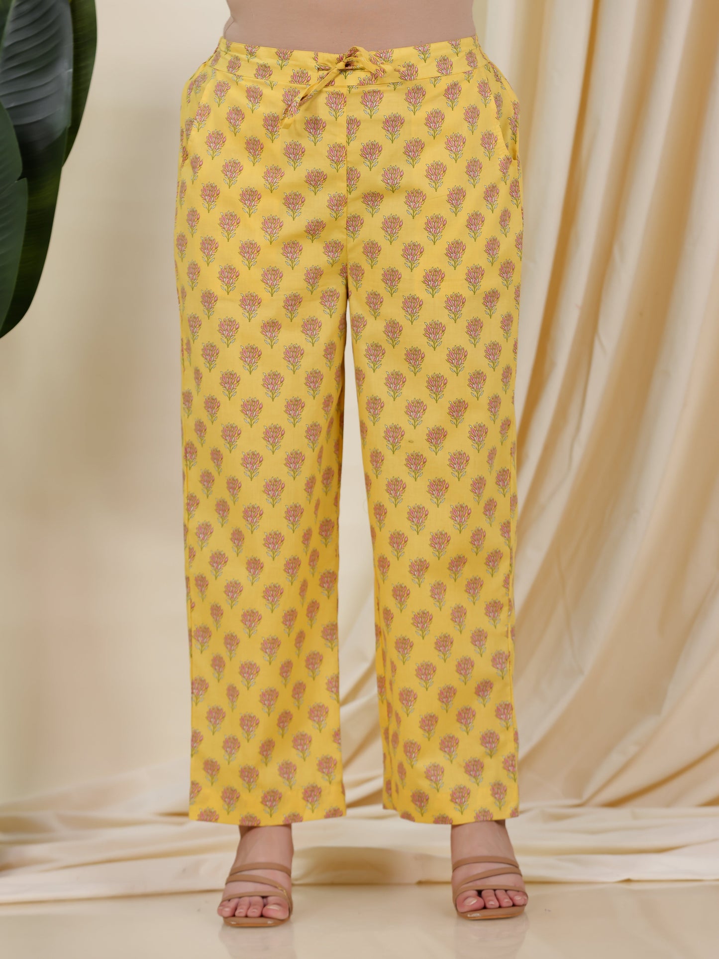 Soft Cotton Floral Yellow Straight Trousers