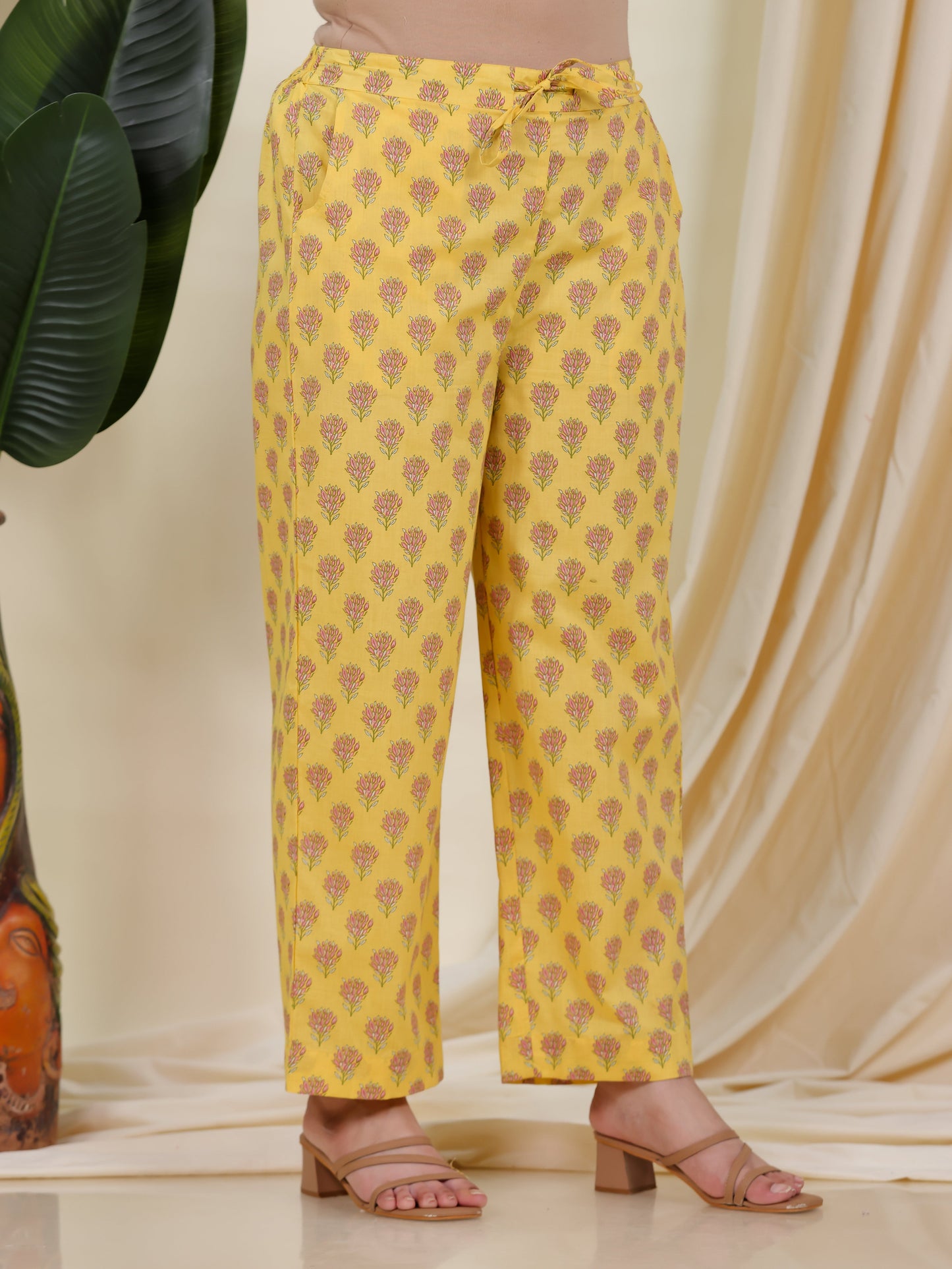Soft Cotton Floral Yellow Straight Trousers