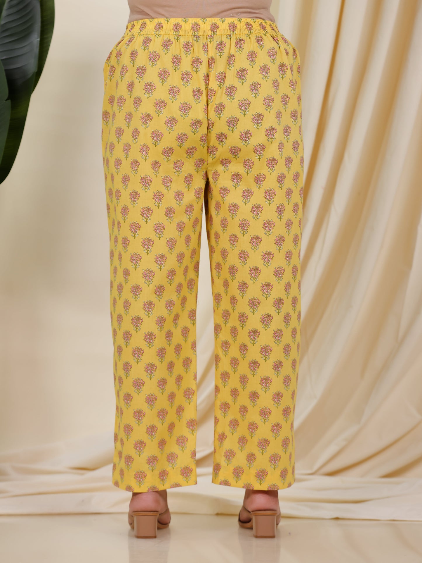 Soft Cotton Floral Yellow Straight Trousers