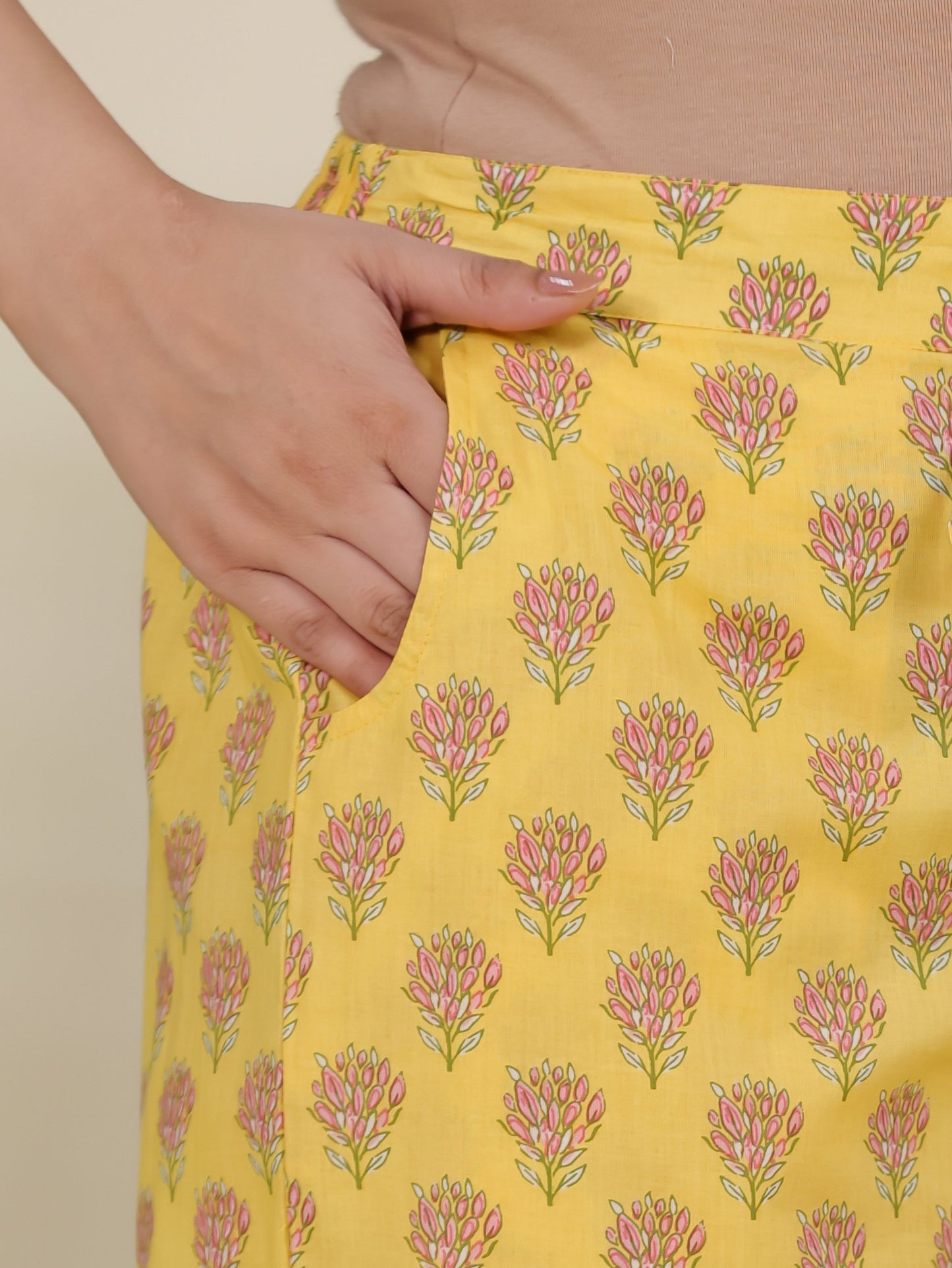 Soft Cotton Floral Yellow Straight Trousers