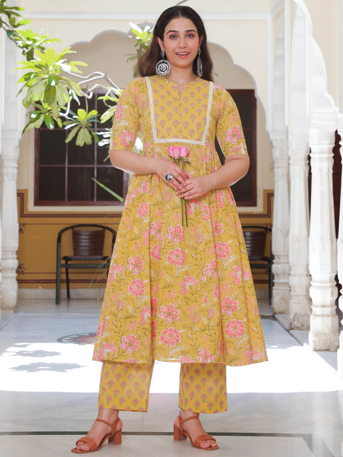 Soft Cotton Floral Flared Yellow Kurta