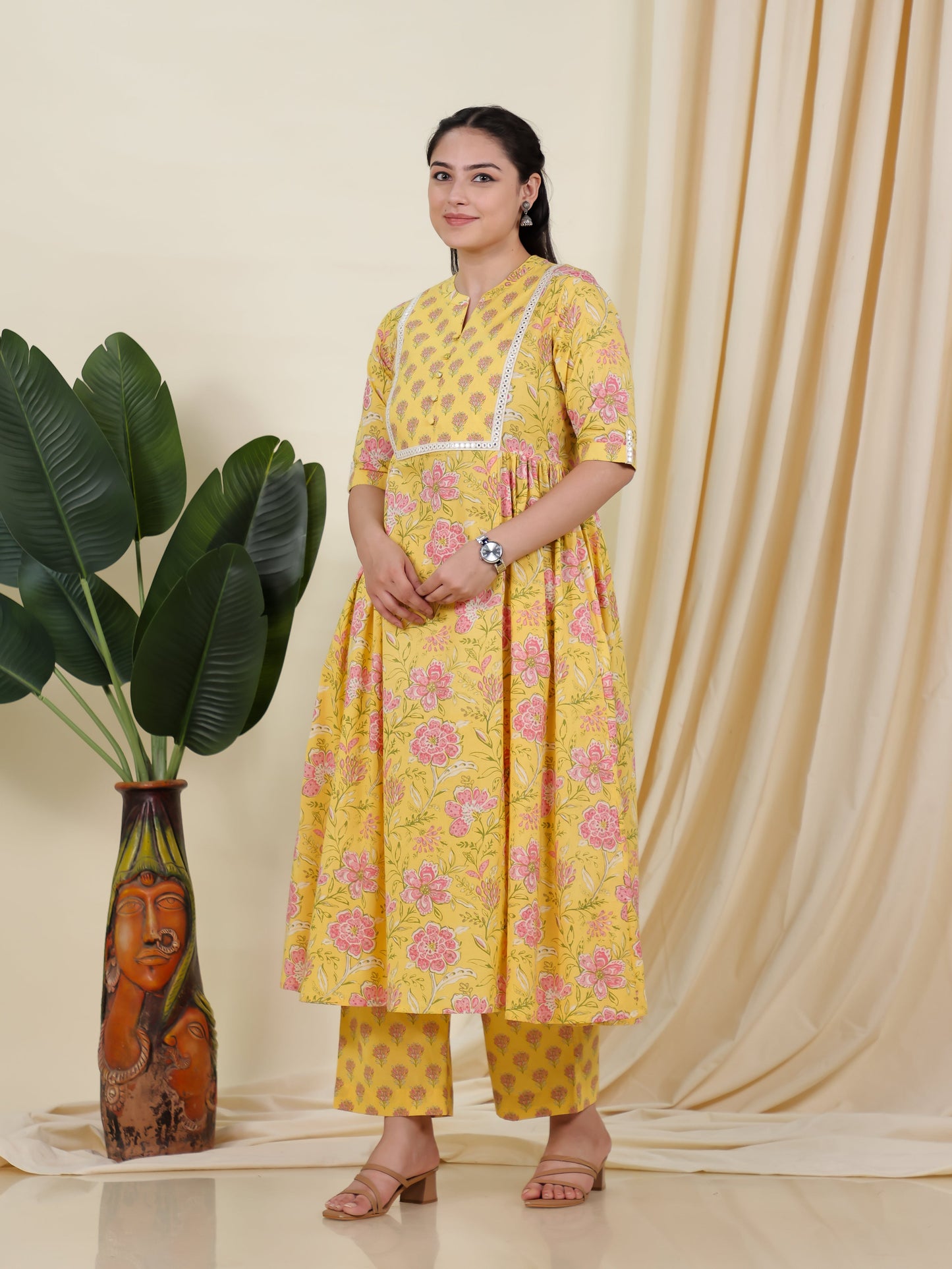 Soft Cotton Floral Flared Yellow Kurta