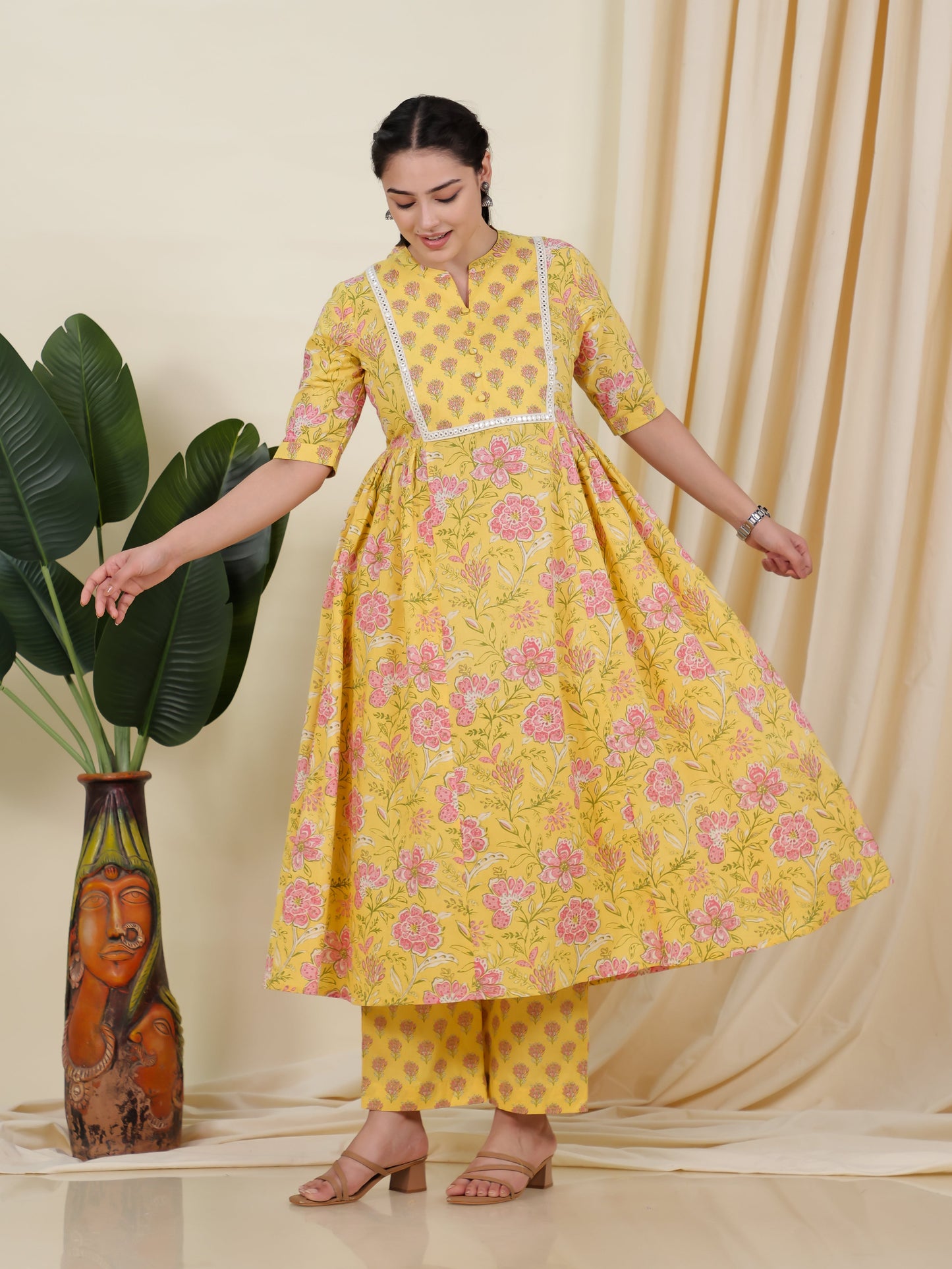 Soft Cotton Floral Flared Yellow Kurta