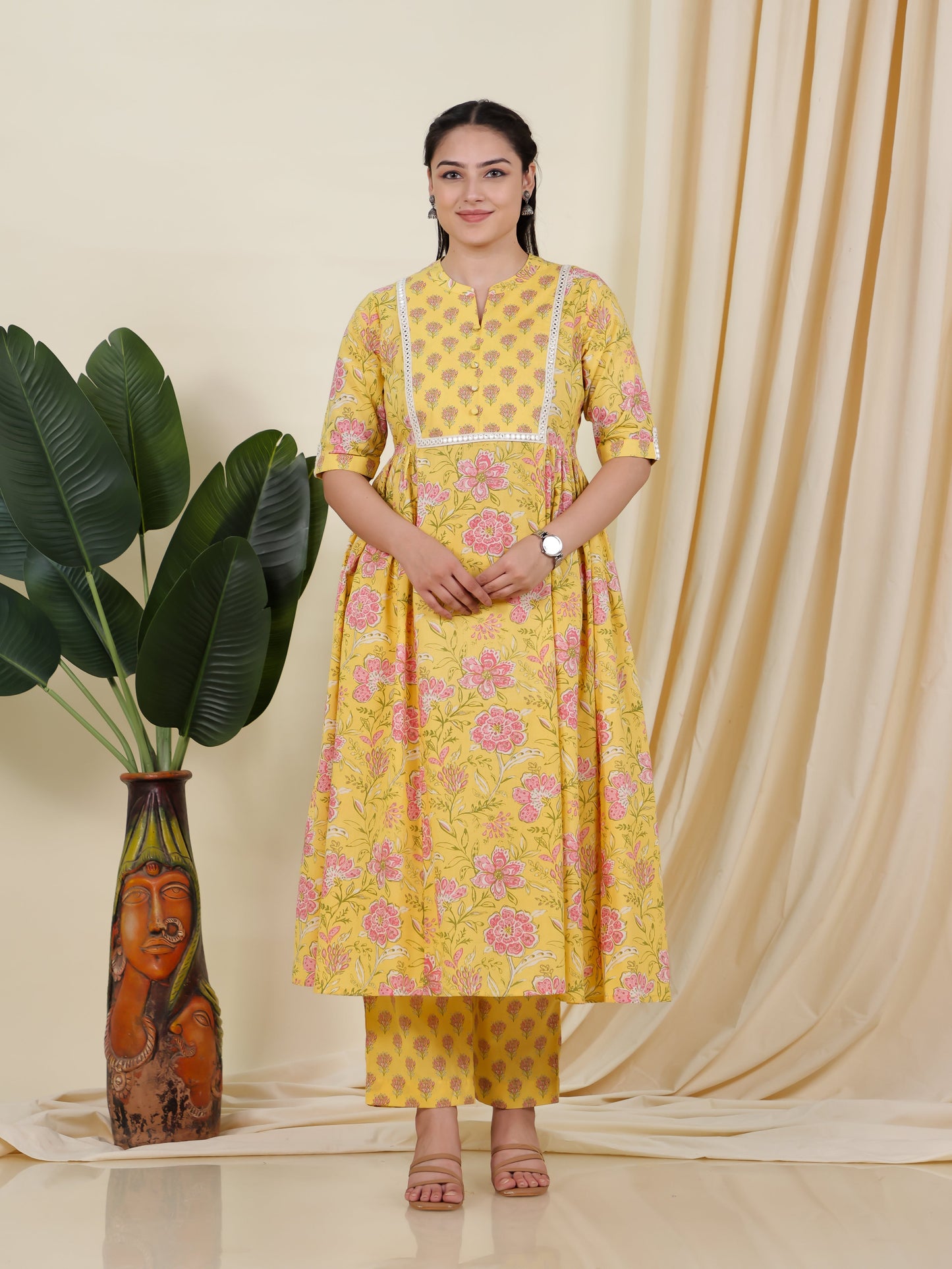Soft Cotton Floral Flared Yellow Kurta