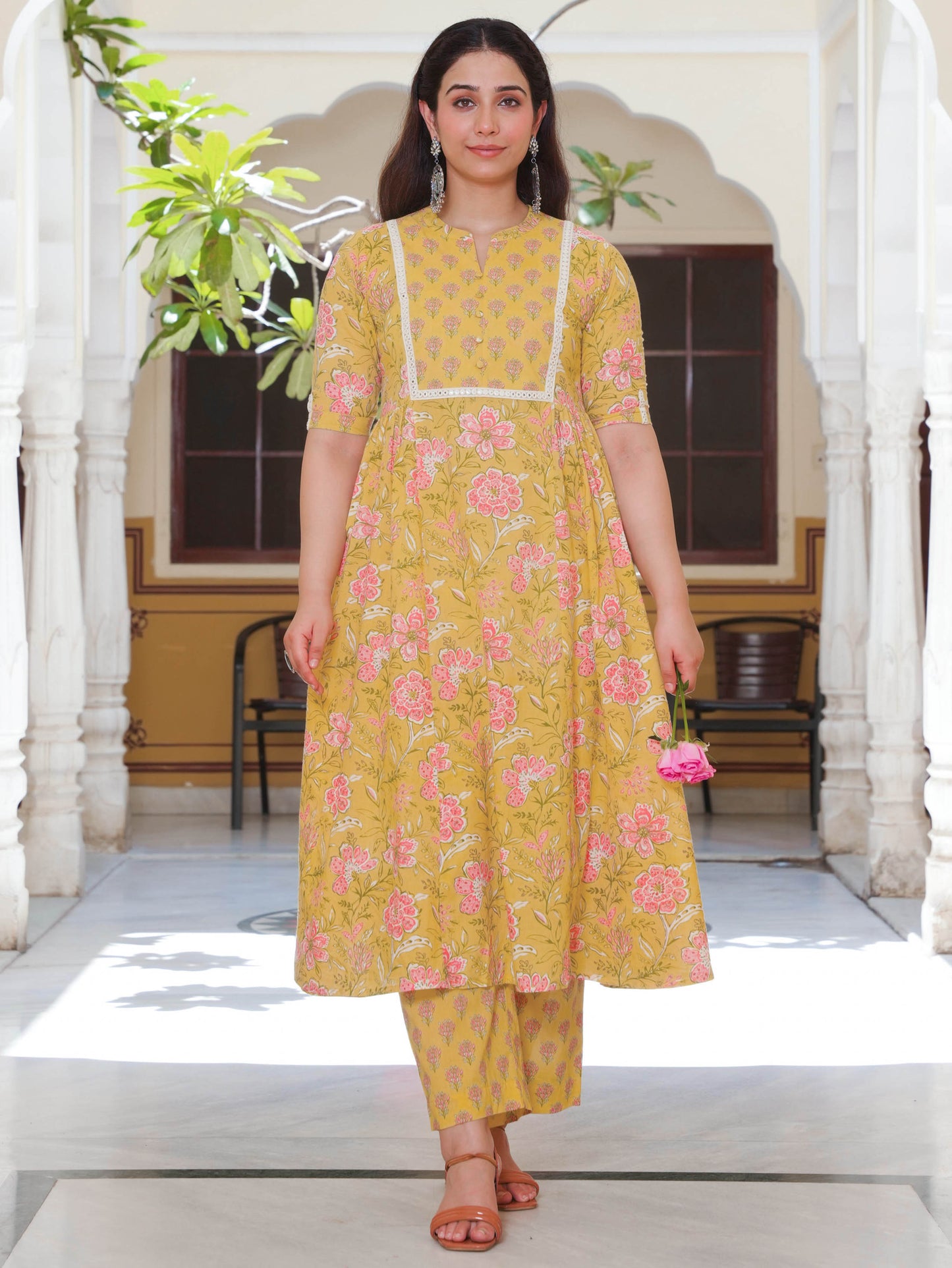 Soft Cotton Floral Flared Yellow Kurta
