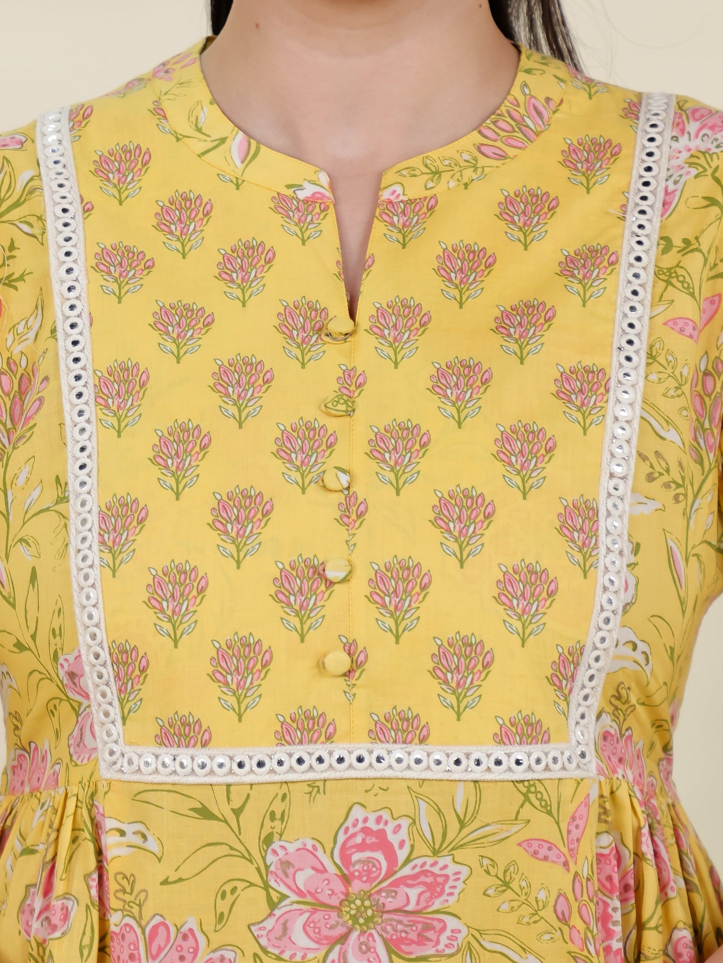Soft Cotton Floral Flared Yellow Kurta