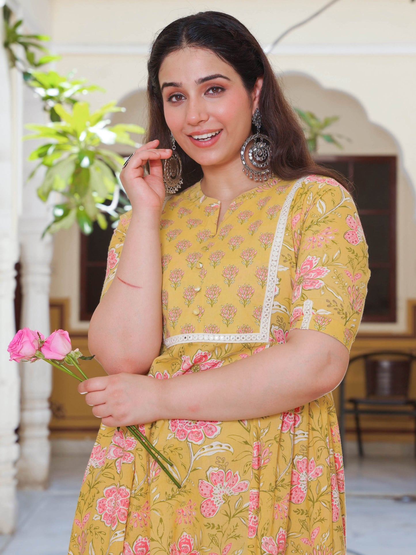 Soft Cotton Floral Flared Yellow Kurta