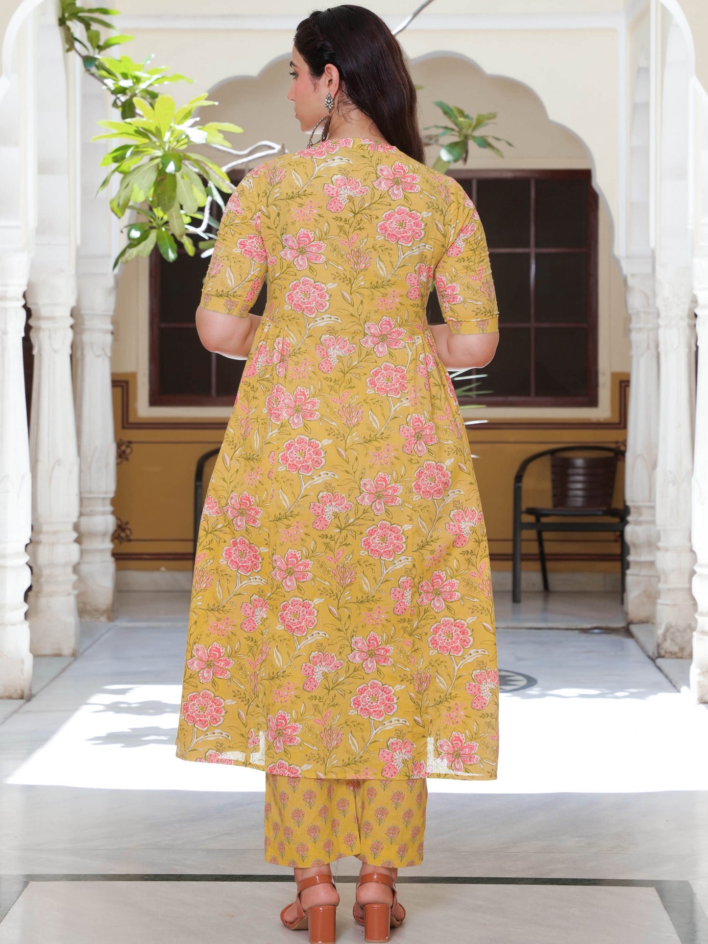Soft Cotton Floral Flared Yellow Kurta