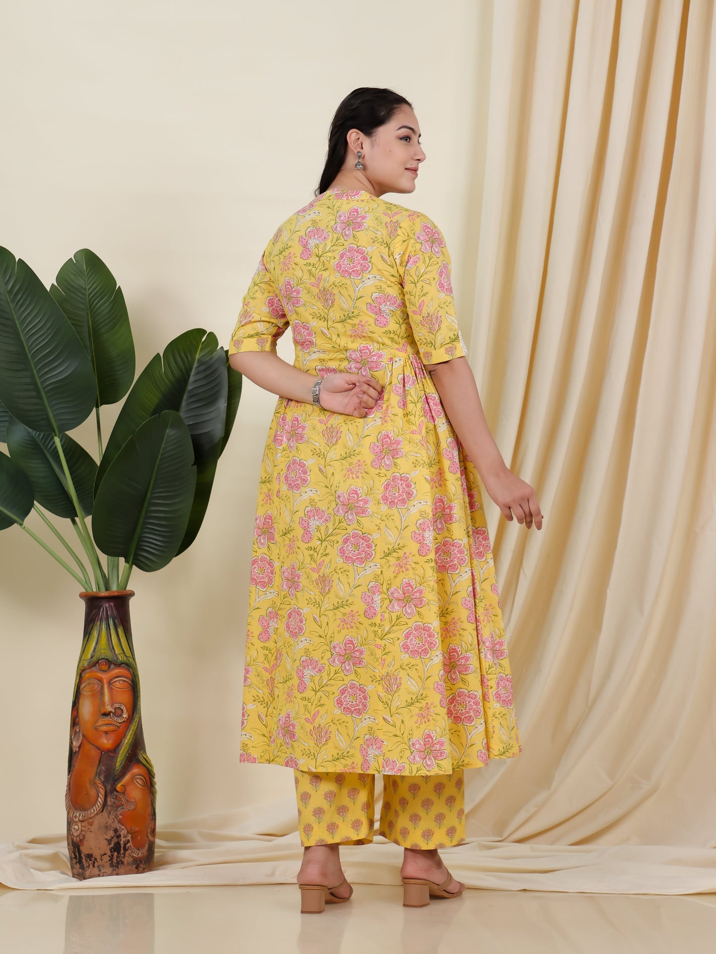 Soft Cotton Floral Flared Yellow Kurta