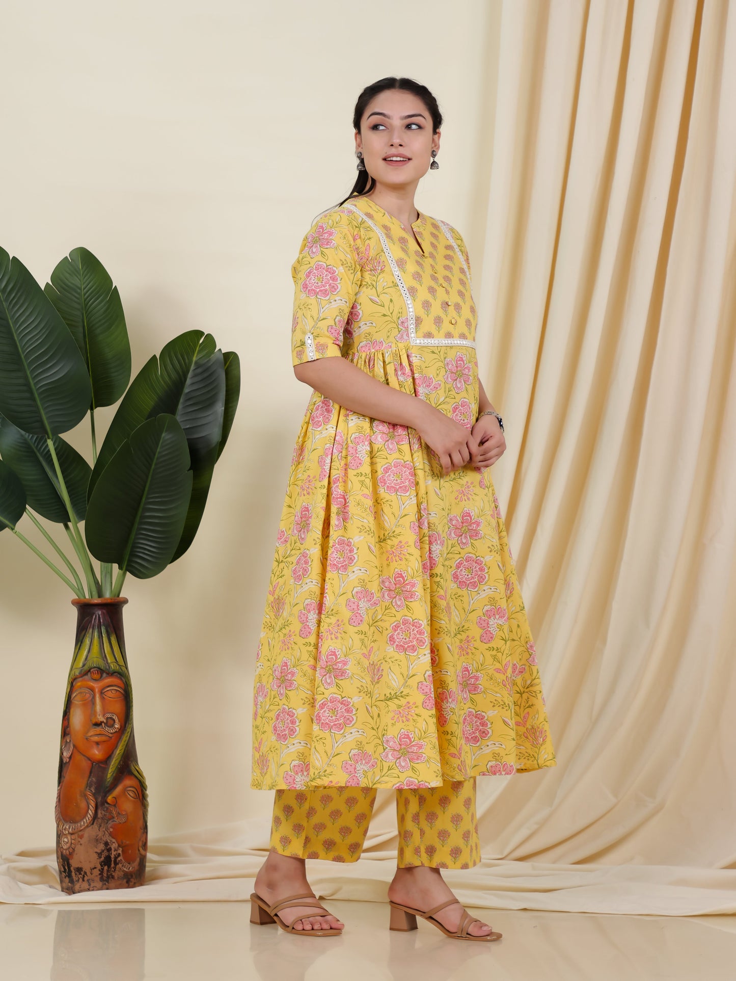 Soft Cotton Floral Flared Yellow Kurta