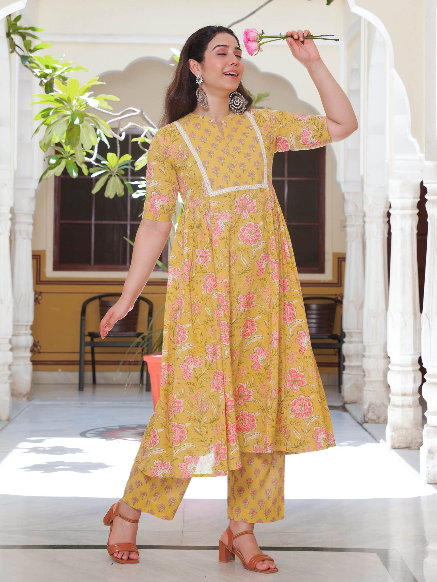 Soft Cotton Floral Flared Yellow Kurta