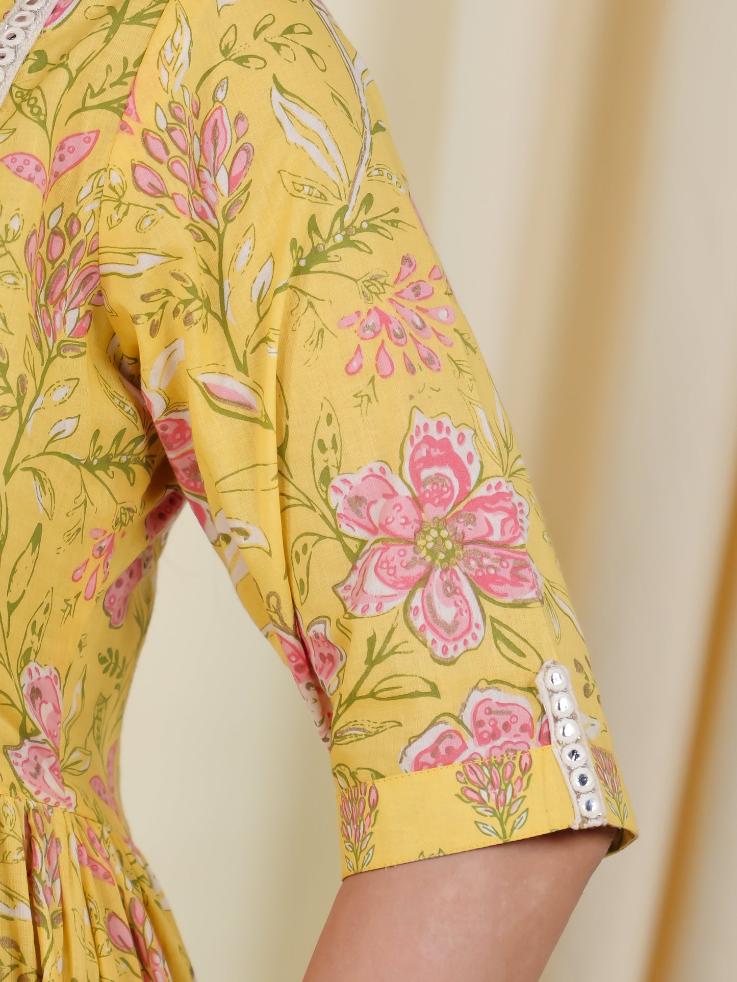 Soft Cotton Floral Flared Yellow Kurta