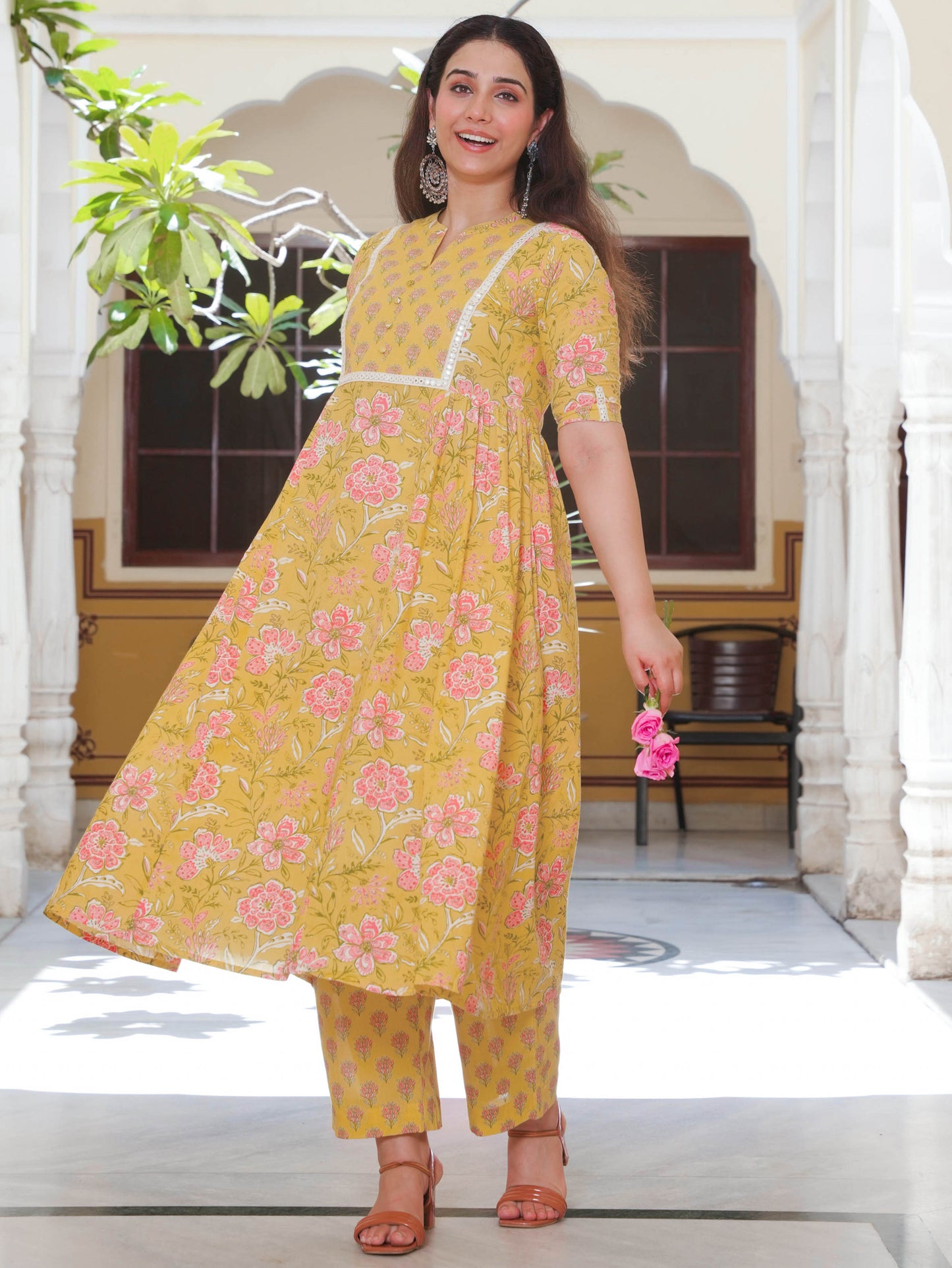 Soft Cotton Floral Flared Yellow Kurta