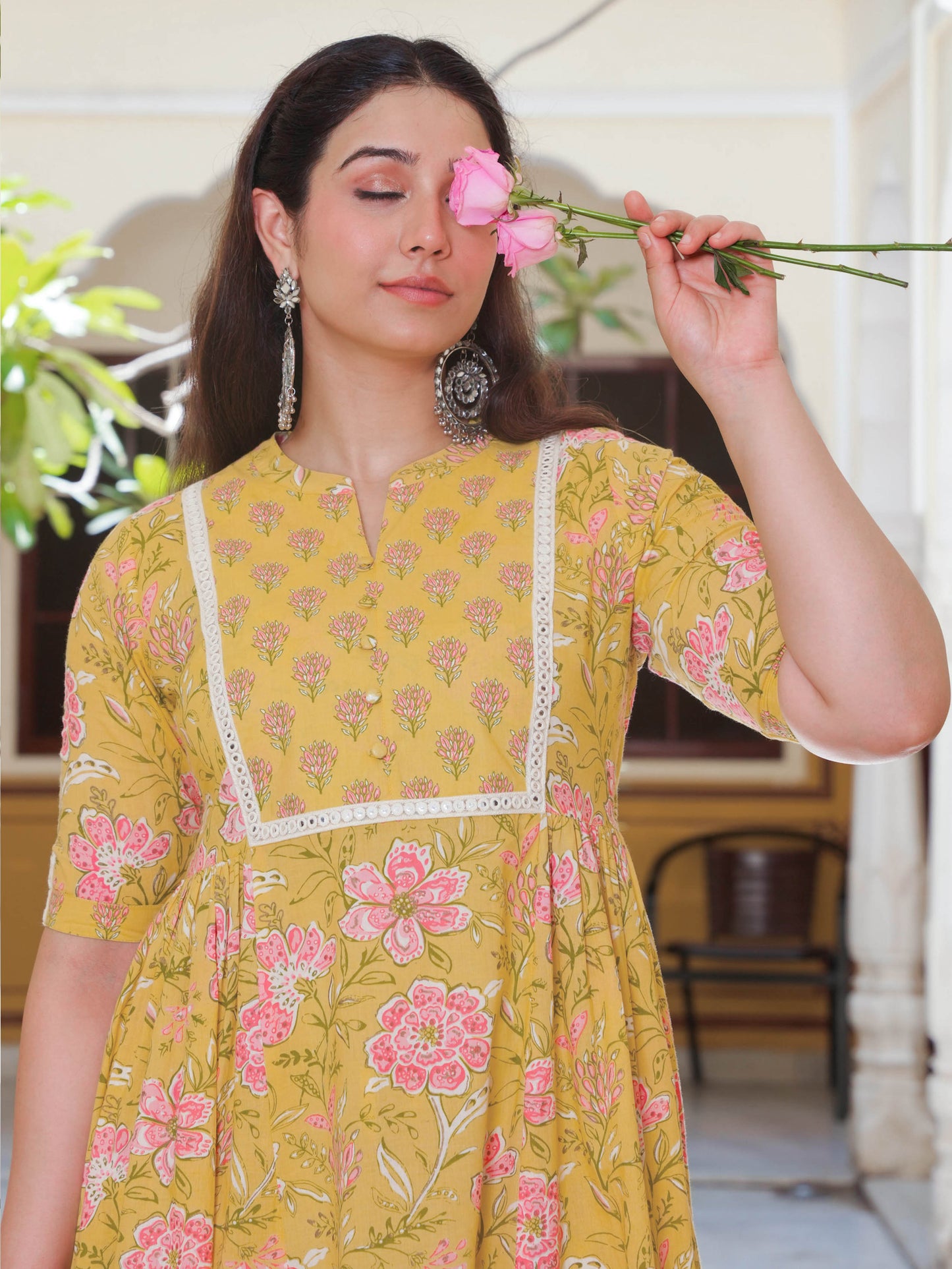 Soft Cotton Floral Flared Yellow Kurta