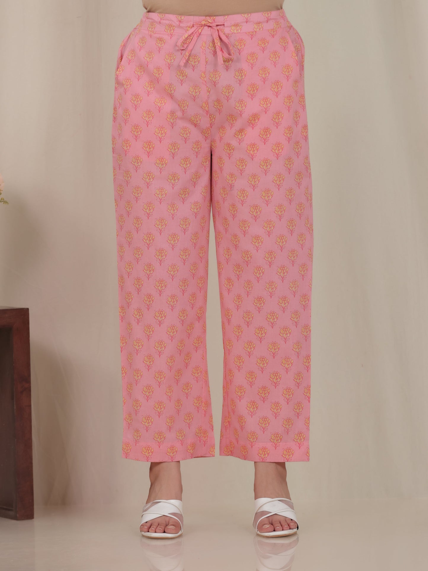 Soft Cotton Floral Pink Trousers Straight Trousers