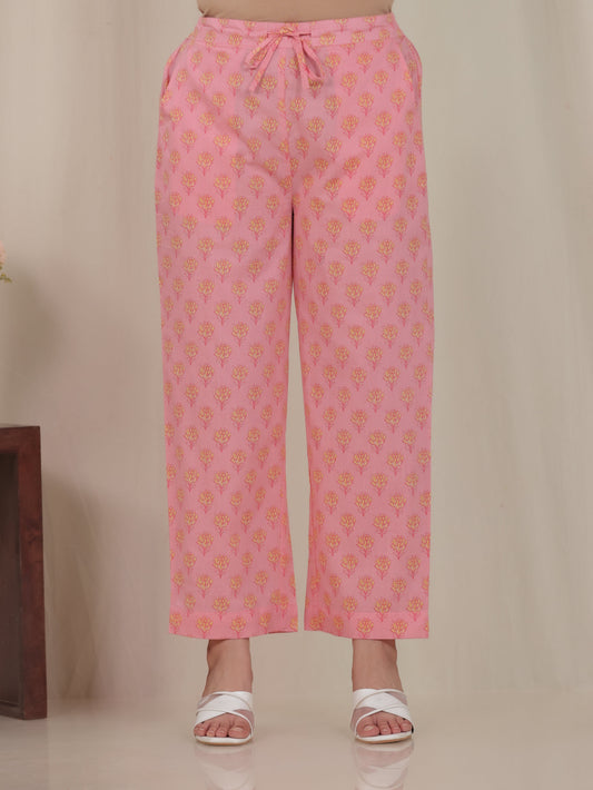 Soft Cotton Floral Pink Trousers Straight Trousers