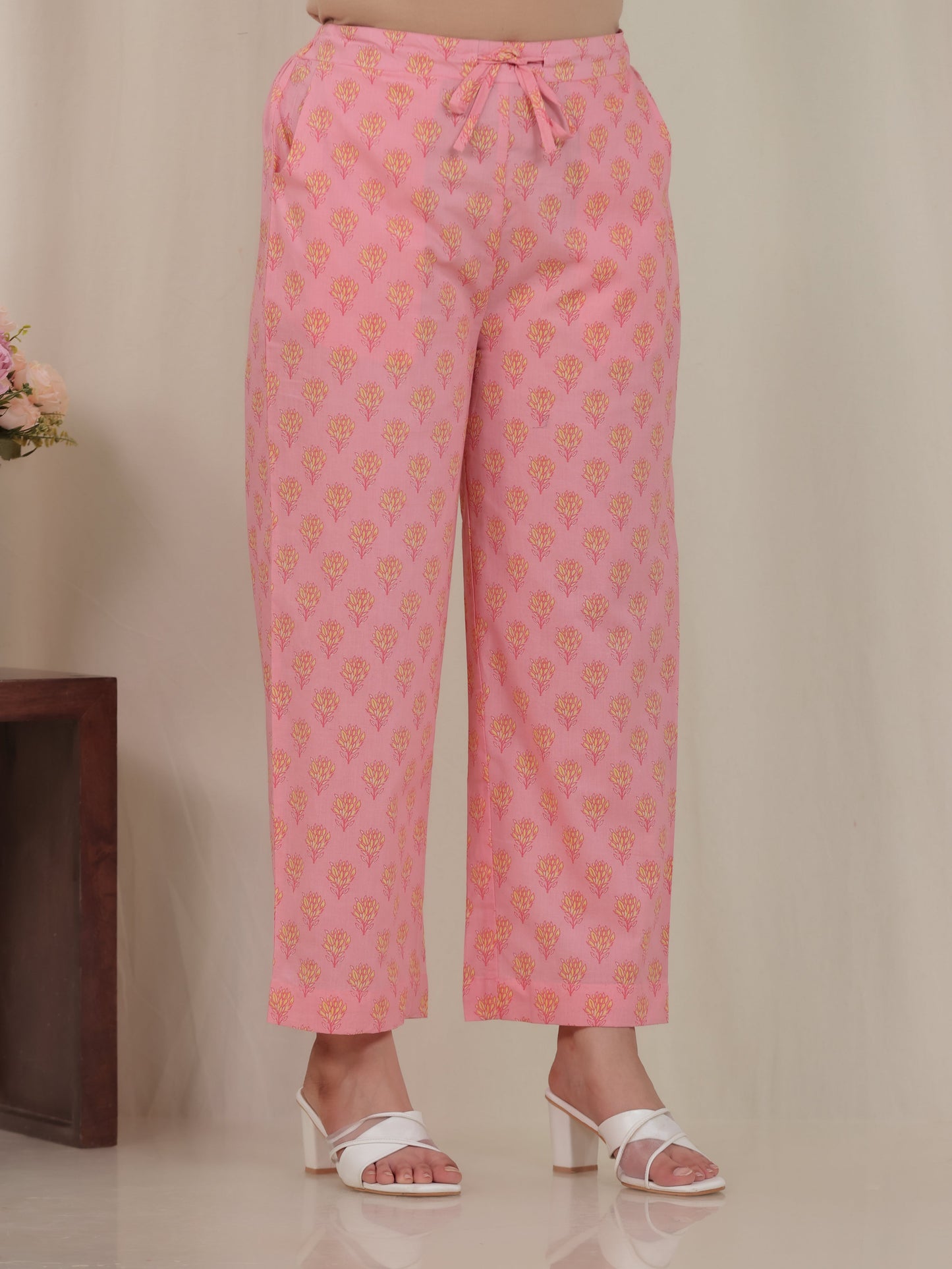 Soft Cotton Floral Pink Trousers Straight Trousers