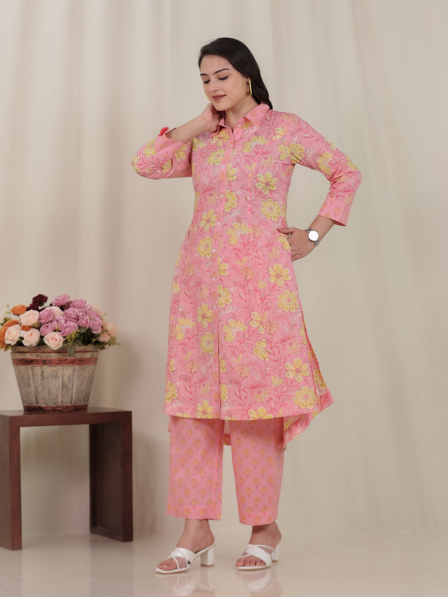 Soft Cotton Floral High Low Pink Kurta