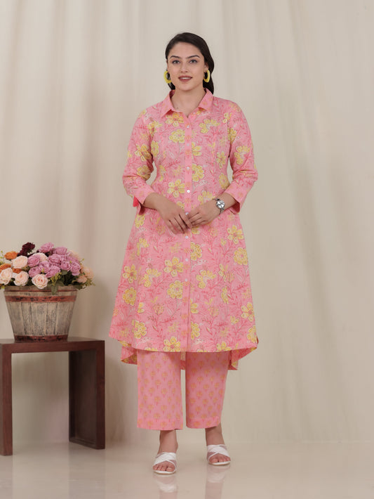 Soft Cotton Floral High Low Pink Kurta