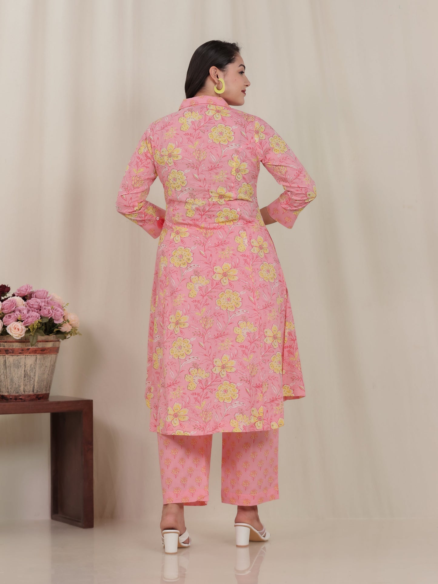 Soft Cotton Floral High Low Pink Kurta
