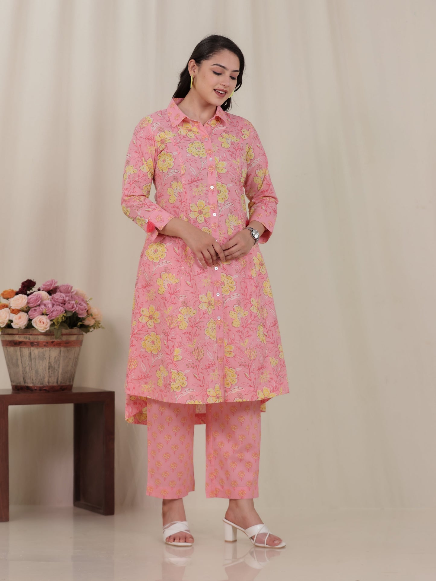 Soft Cotton Floral High Low Pink Kurta