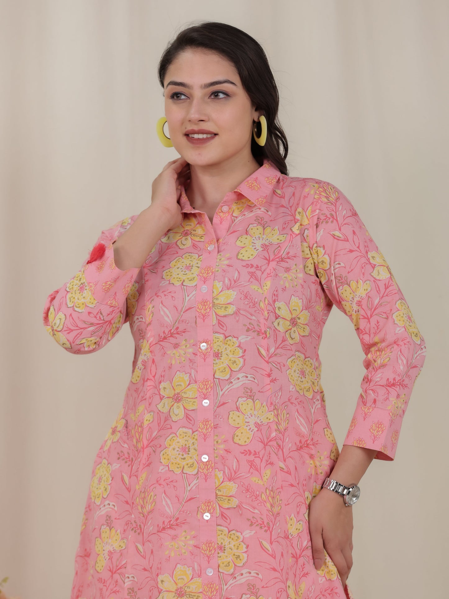 Soft Cotton Floral High Low Pink Kurta