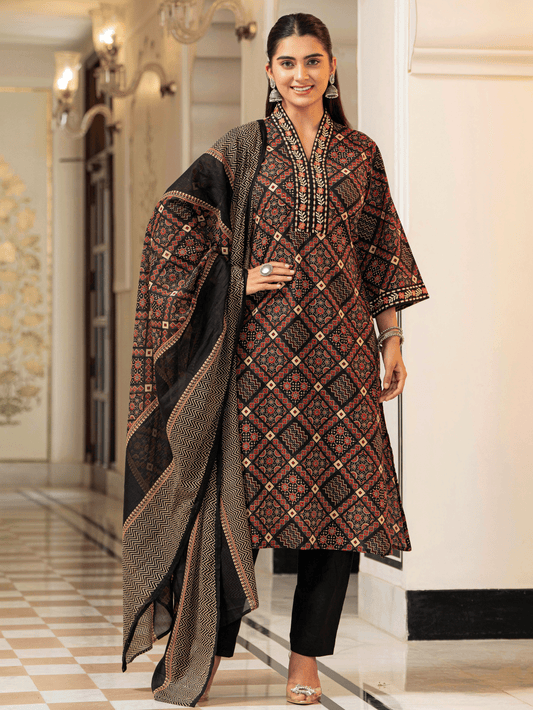 Cotton Voile Geometric Black Dupatta