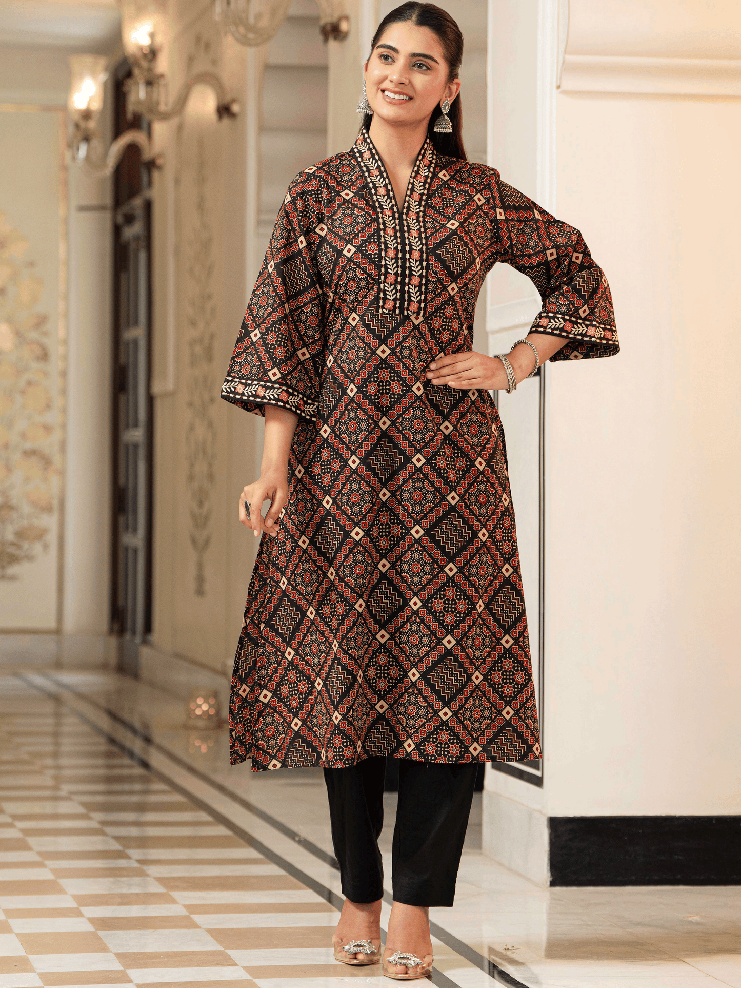 Embroidered Soft Cotton Geometric A-line Black Kurta