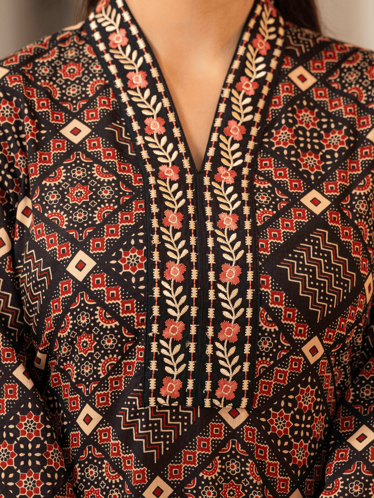 Embroidered Soft Cotton Geometric A-line Black Kurta