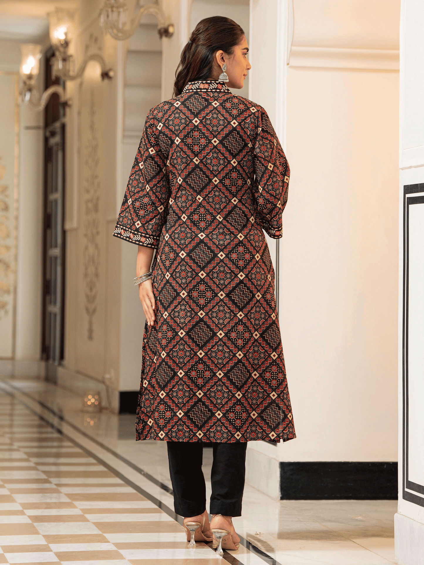Embroidered Soft Cotton Geometric A-line Black Kurta