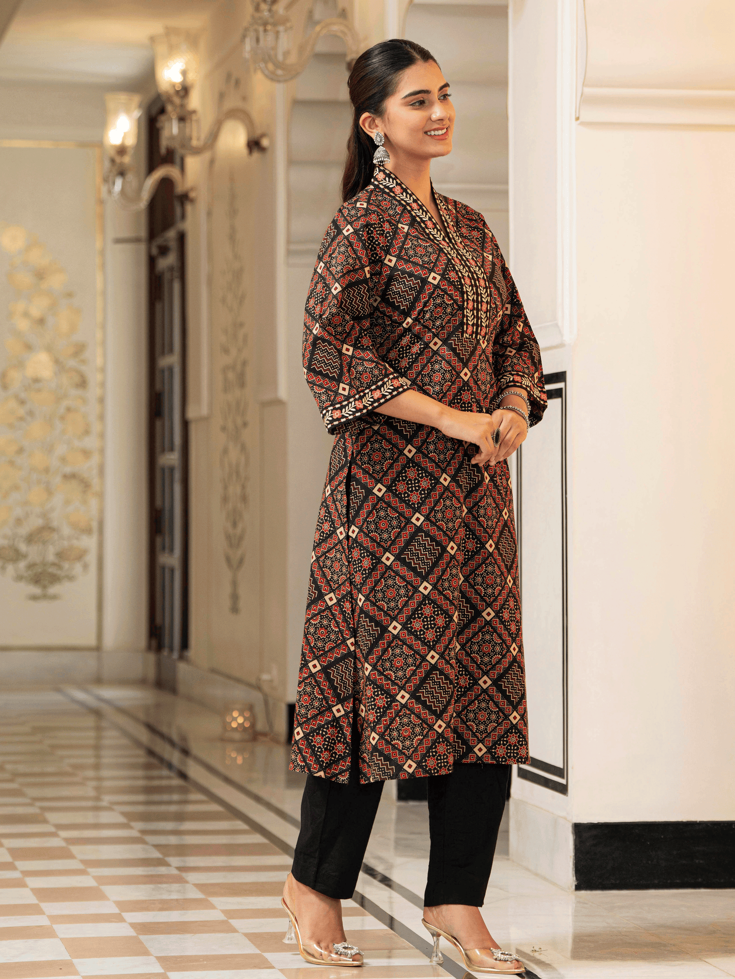 Embroidered Soft Cotton Geometric A-line Black Kurta
