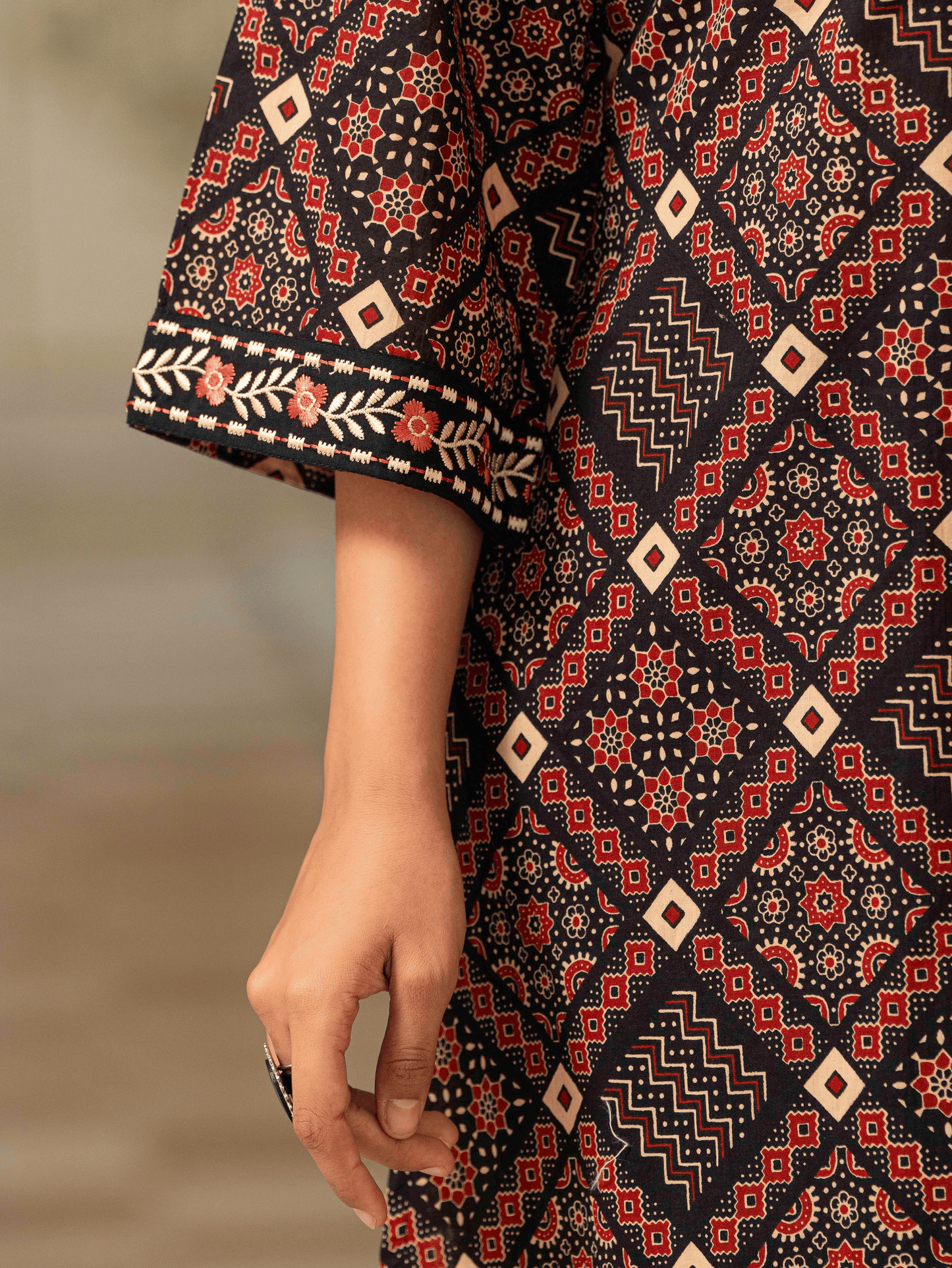 Embroidered Soft Cotton Geometric A-line Black Kurta