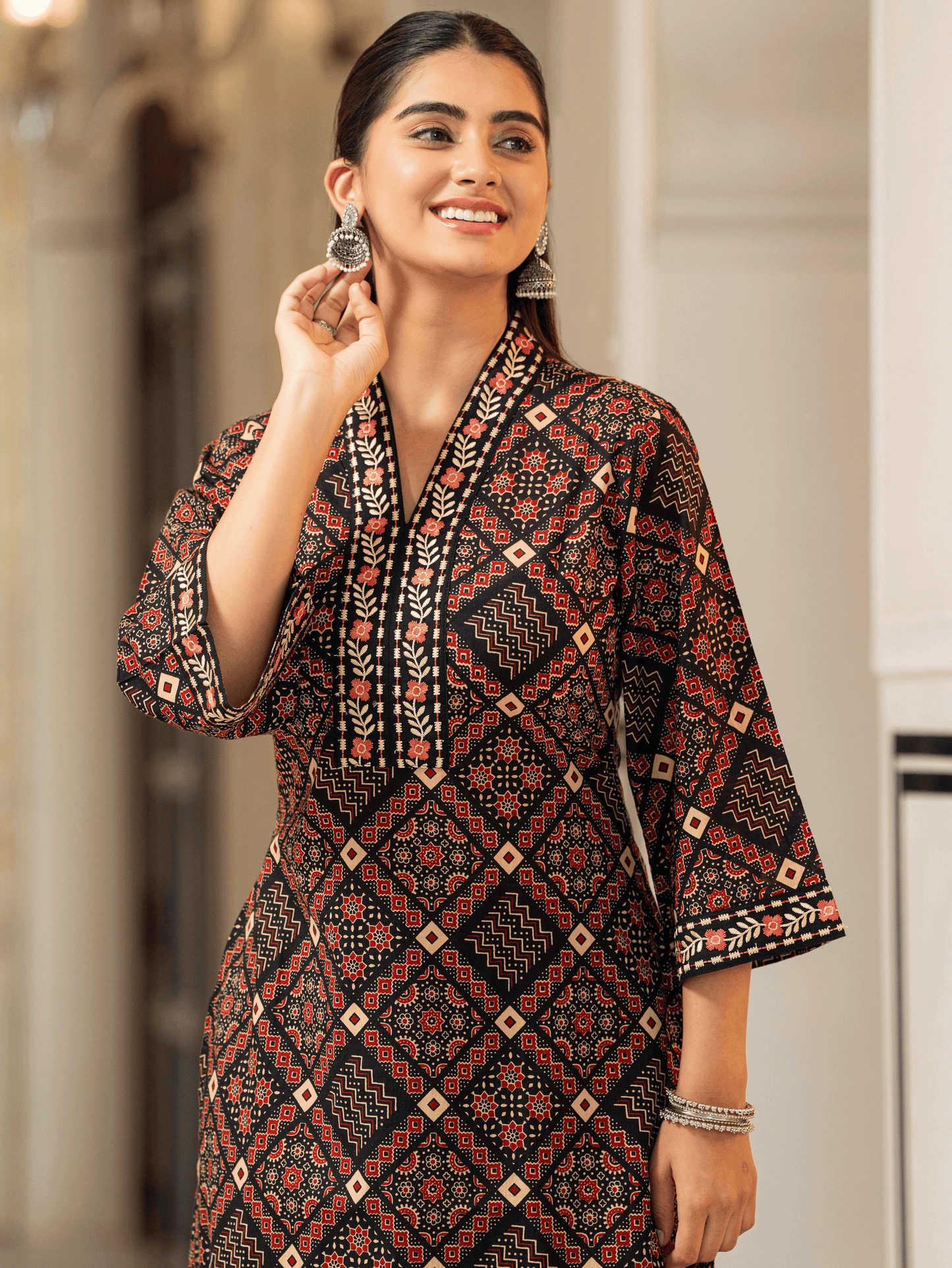Embroidered Soft Cotton Geometric A-line Black Kurta