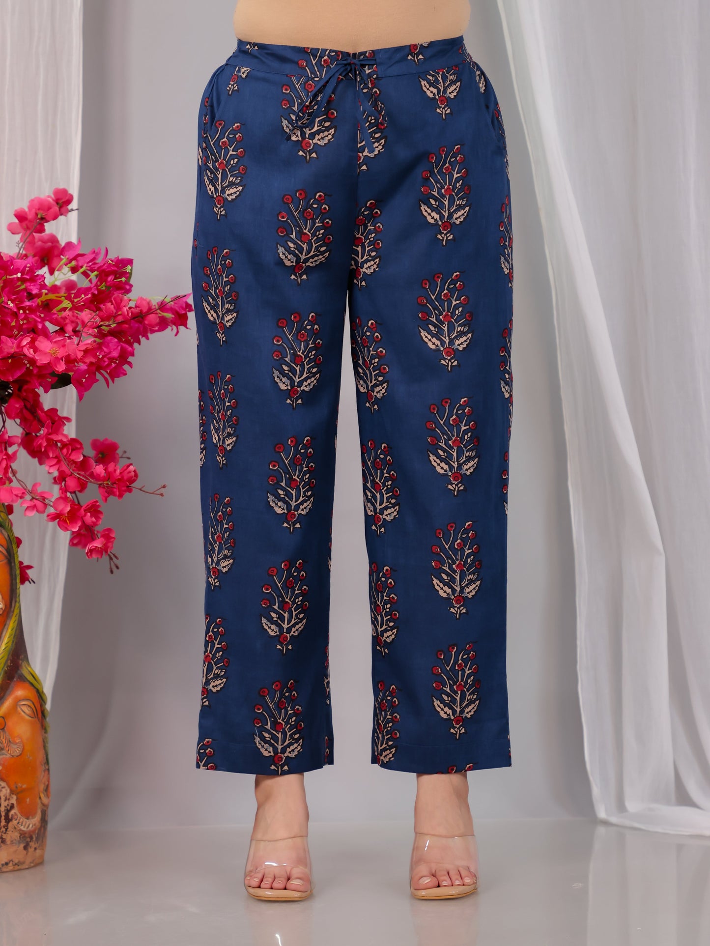 Soft Cotton Floral Blue Straight Straight Trousers