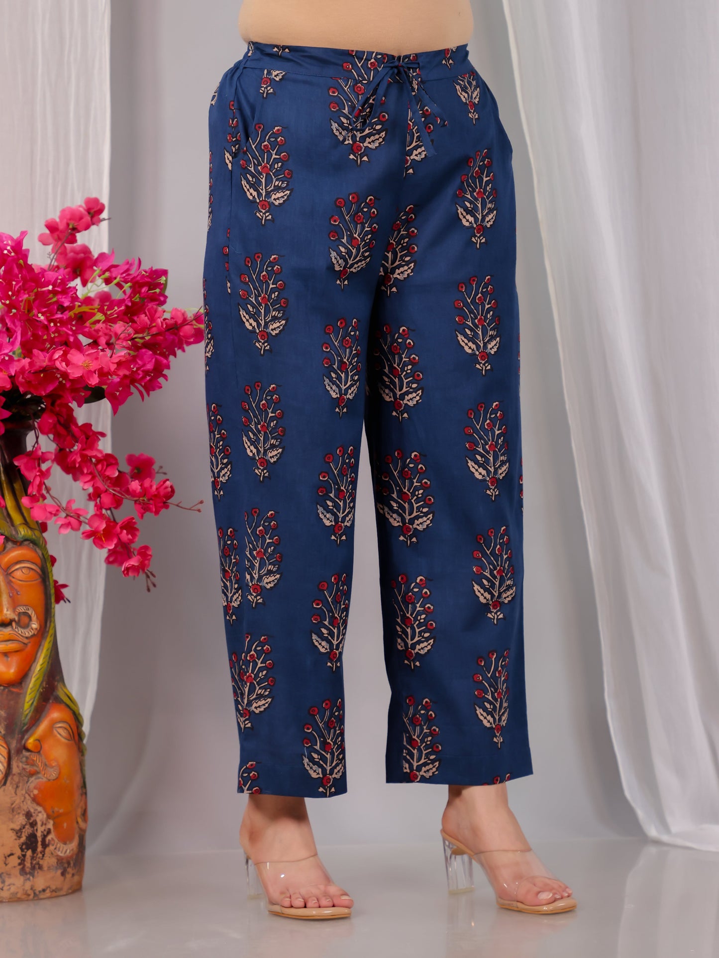 Soft Cotton Floral Blue Straight Straight Trousers