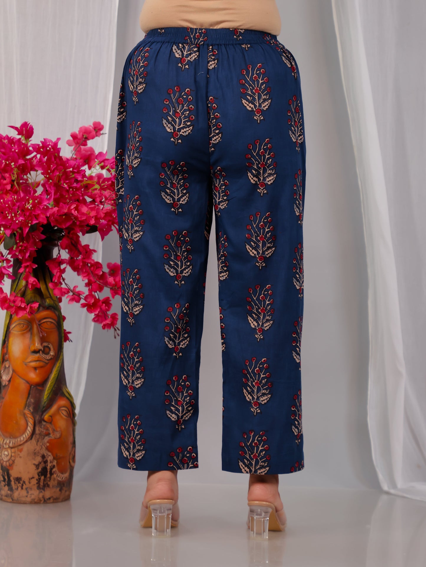 Soft Cotton Floral Blue Straight Straight Trousers