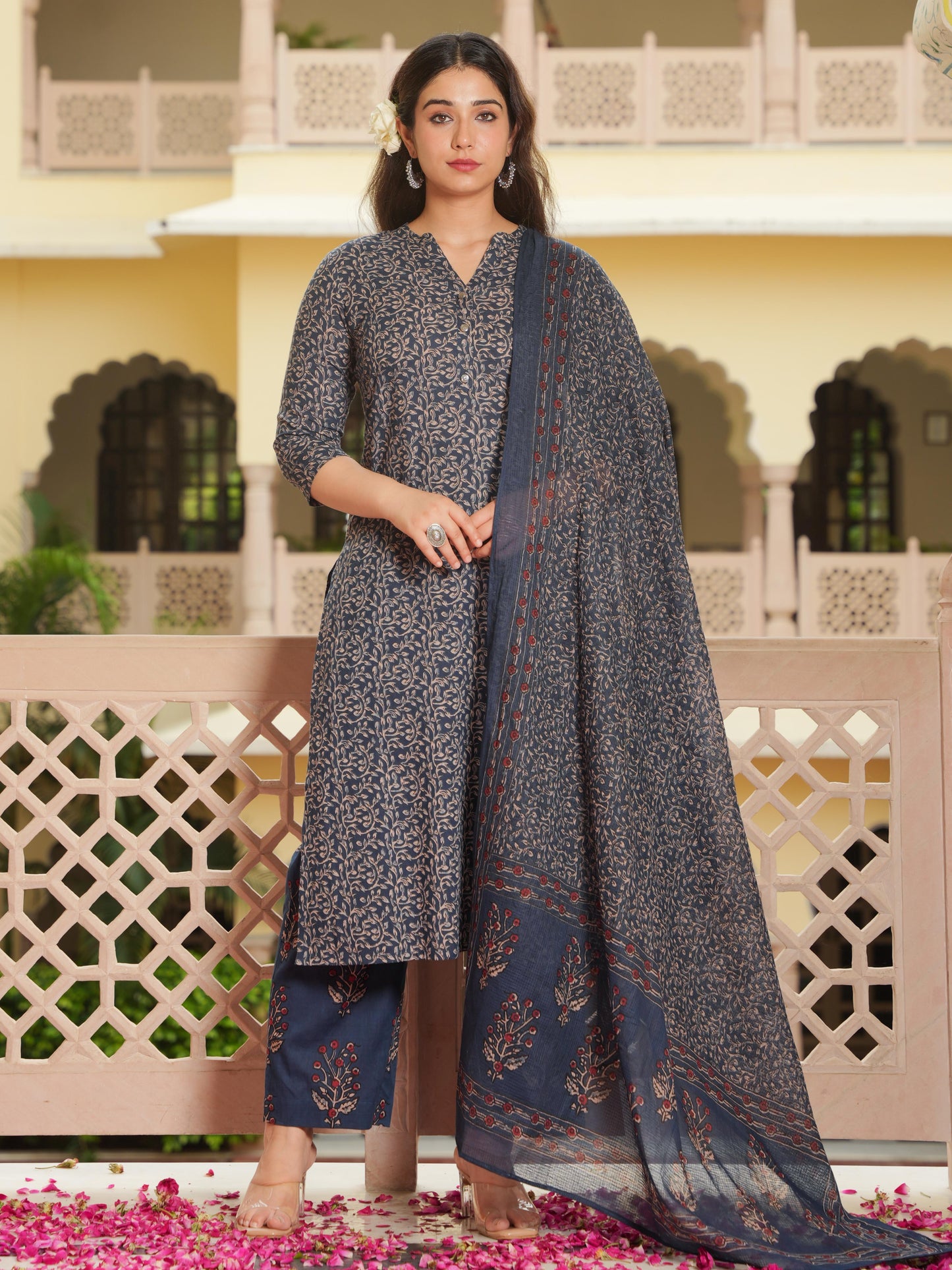 Kota Doria Floral Blue Dupatta
