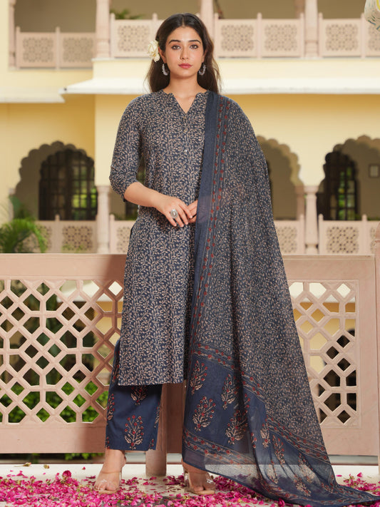Kota Doria Floral Blue Dupatta