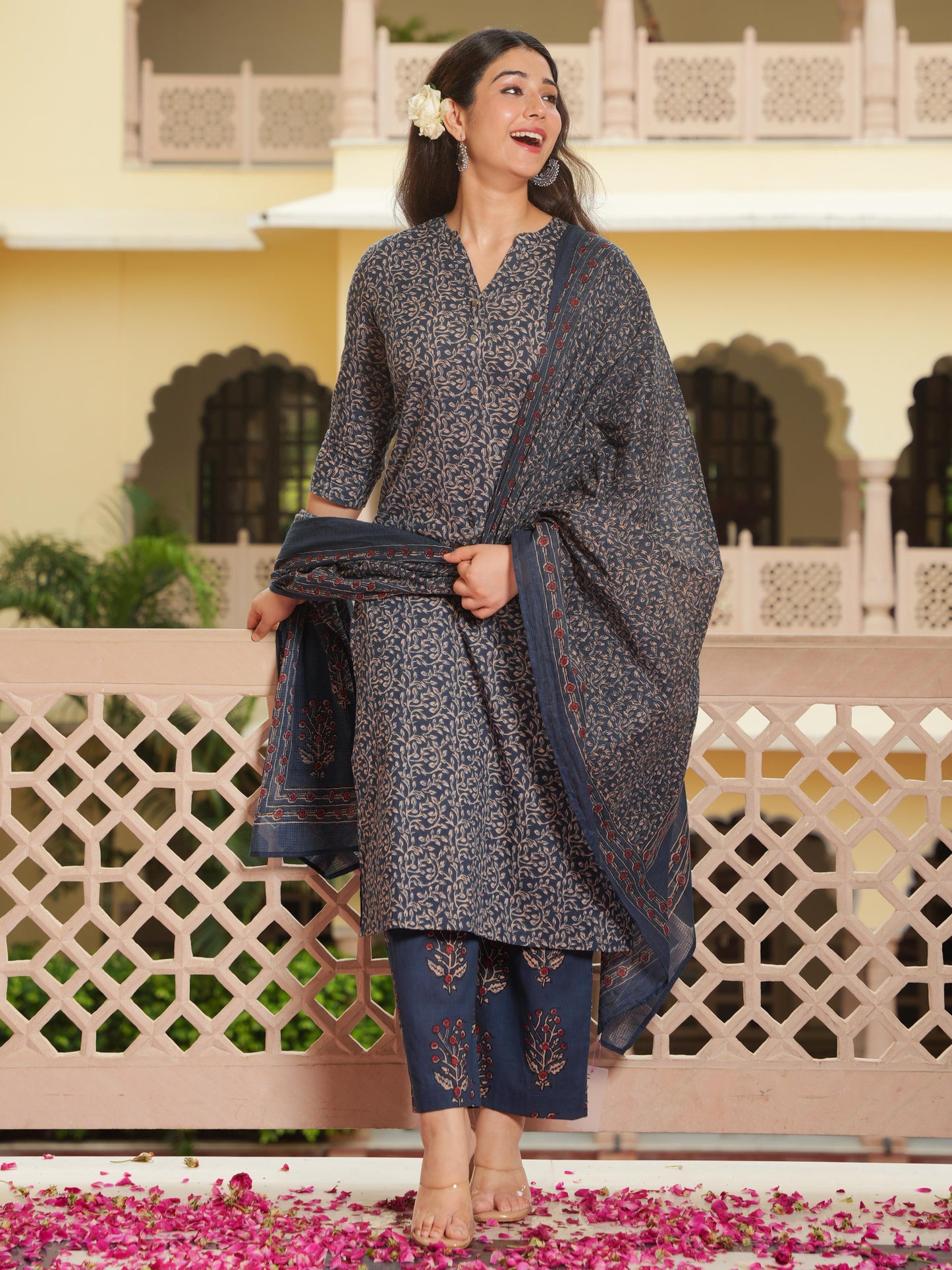 Kota Doria Floral Blue Dupatta