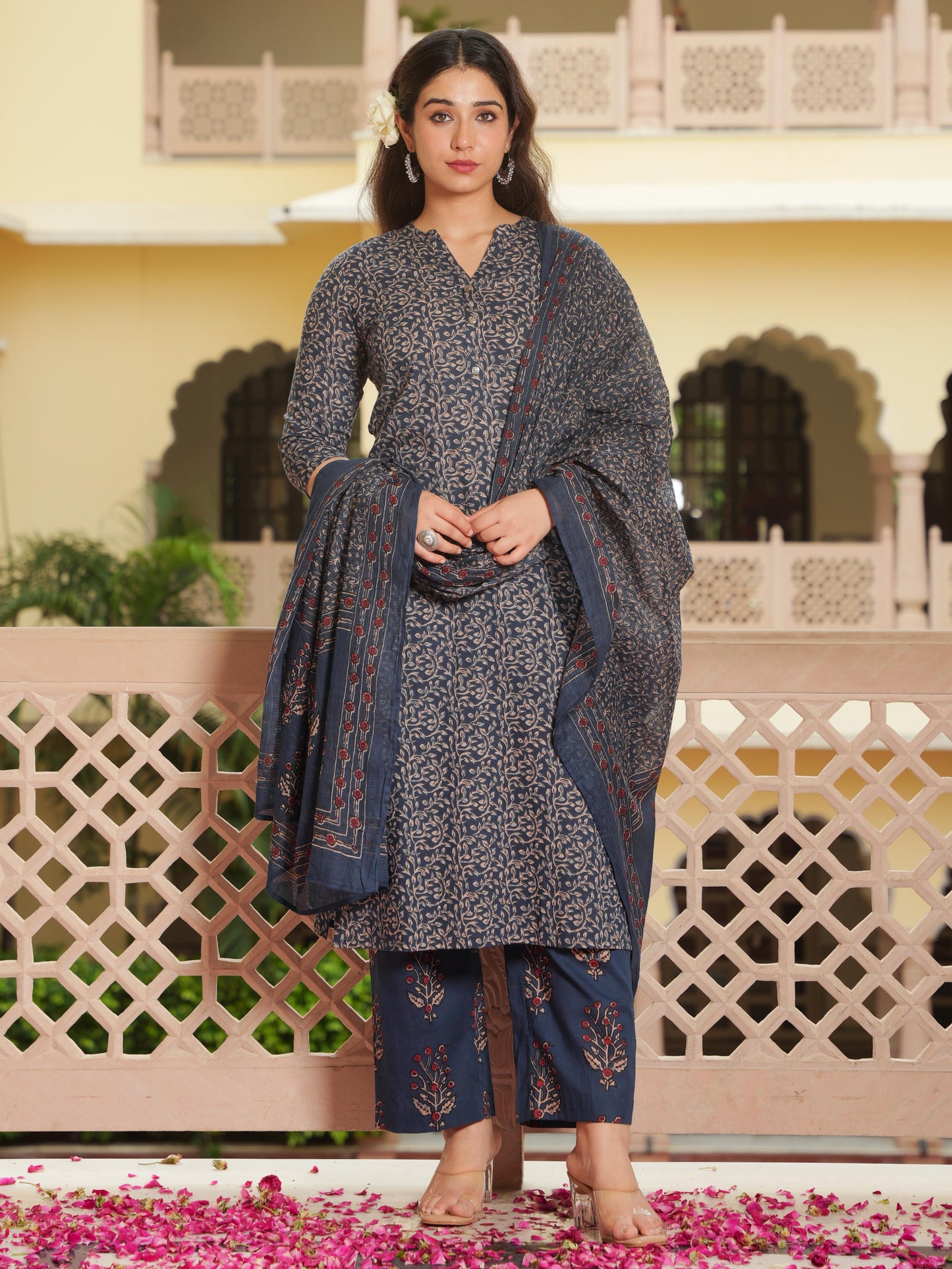 Kota Doria Floral Blue Dupatta